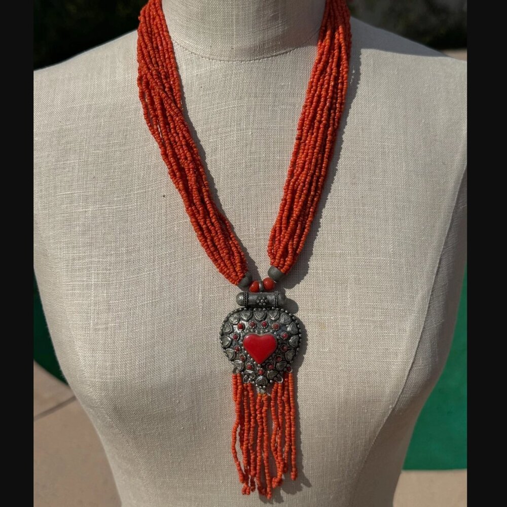 Vintage Tibetan-Style Necklace Orange & Silver Heart Pendant, 23"+ Boho Tribal